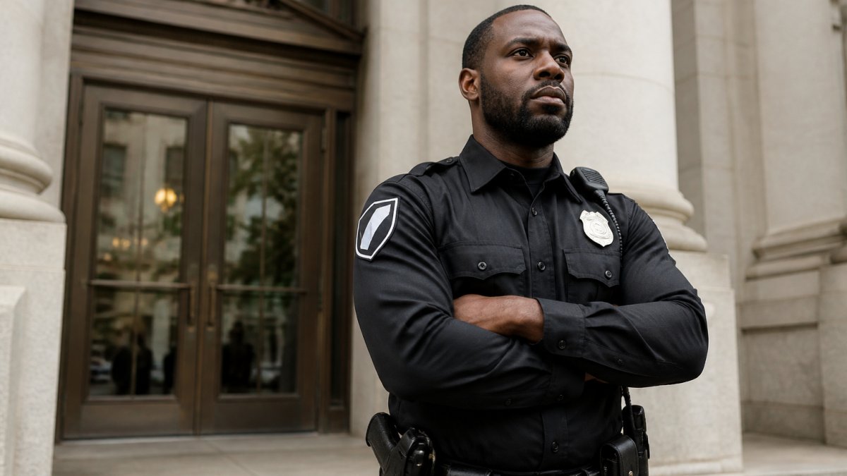 Professional security guard in uniform standing confidently in front of a New Jersey state building entrance, representing the authority and credibility of licensed security professionals