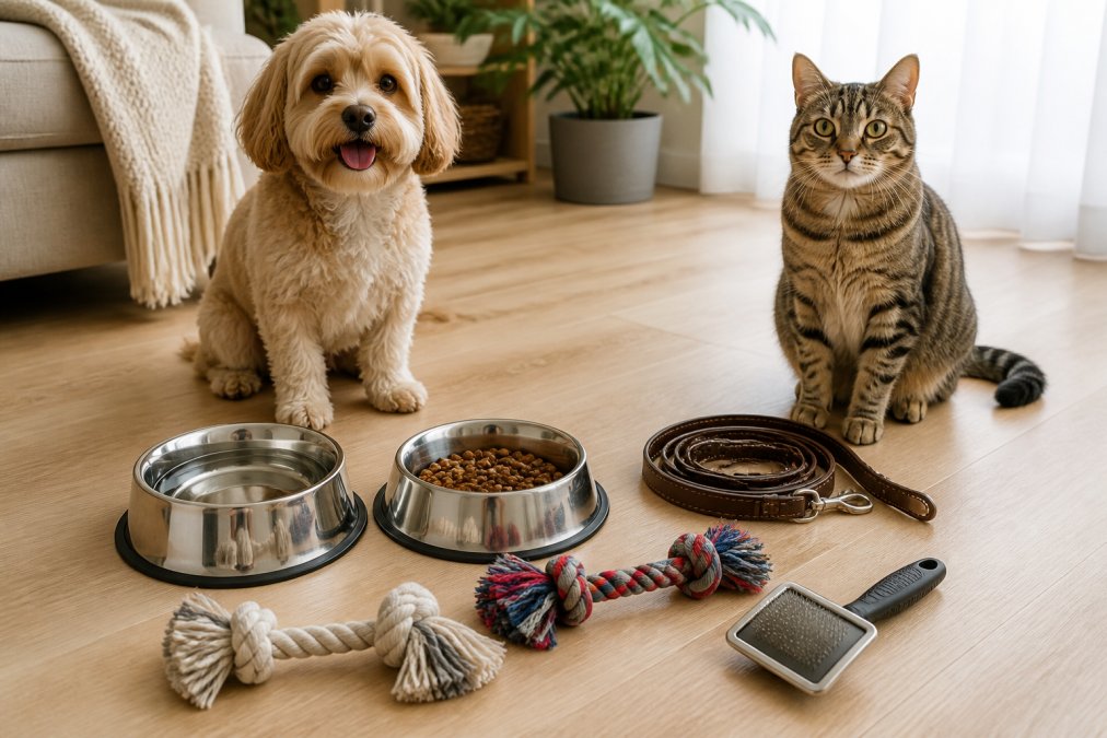 A dog and a tabby cat sit by essential pet care at home supplies like bowls, a leather leash, and toys on a wood floor.