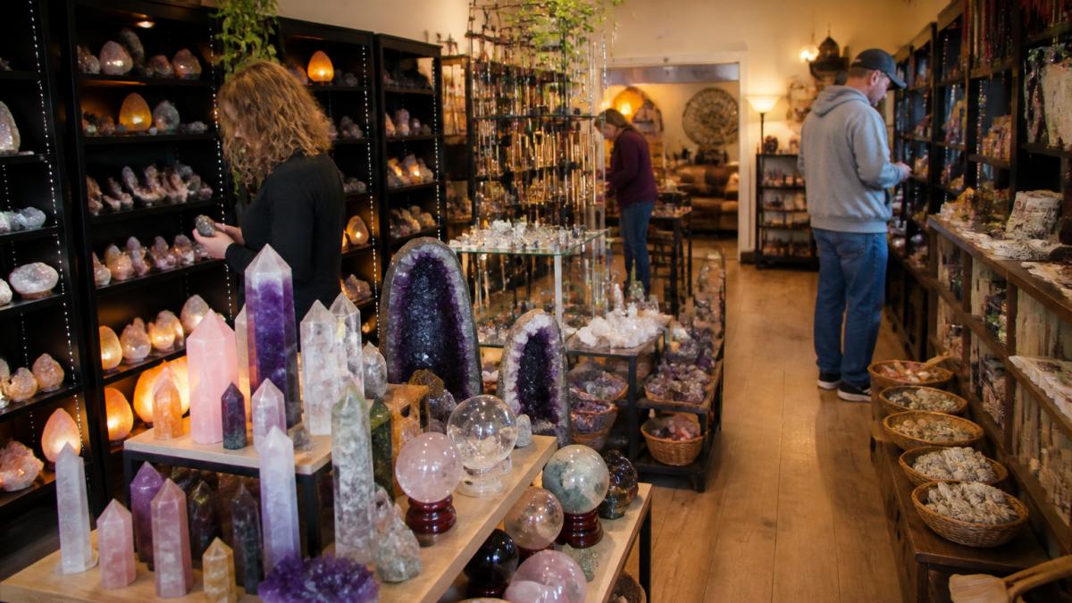 Interior of a welcoming metaphysical shop with shelves displaying colorful crystals, stones, and spiritual tools, warm amber lighting, customers browsing peacefully, and a calm, inviting atmosphere