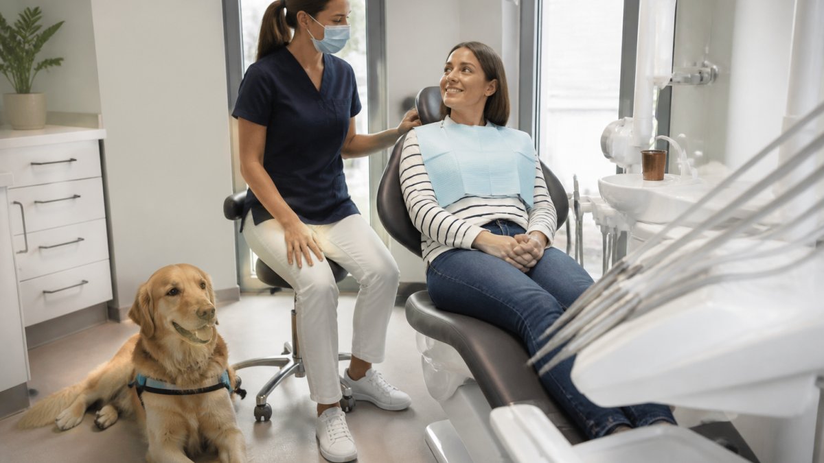 Rustige therapiehond naast de behandelstoel tijdens een behandeling tandartsangst met therapiehond in de praktijk.
