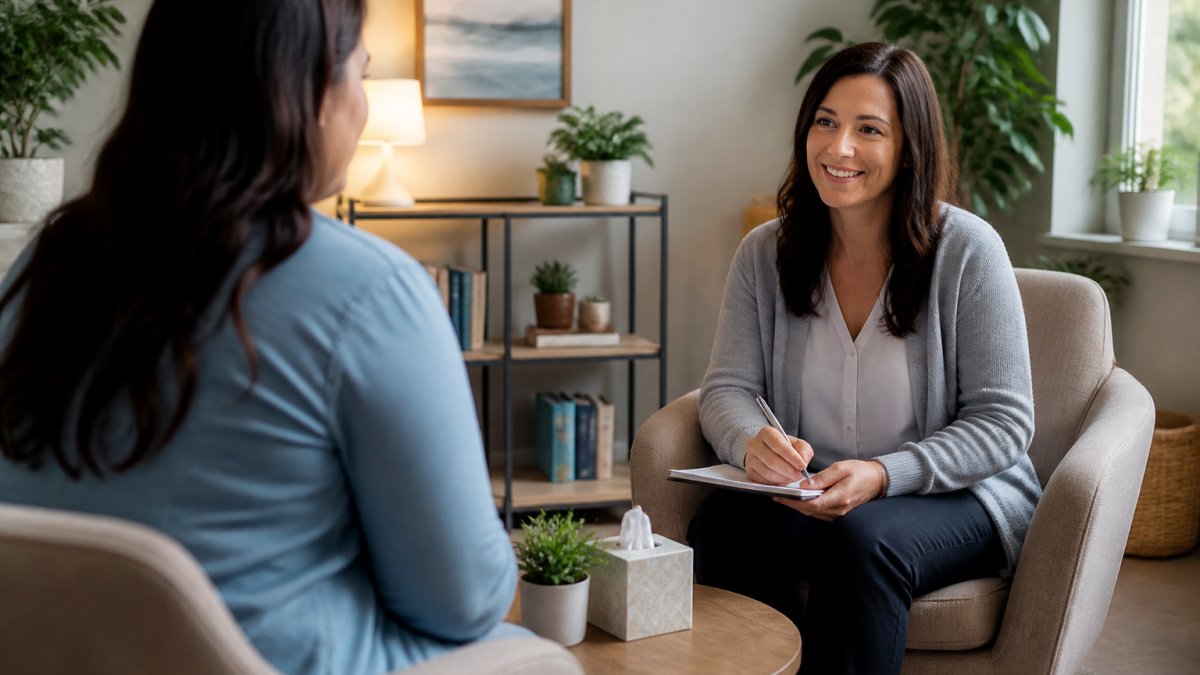 Mental health clinician greeting a patient in a warm, private consultation room with comfortable seating, soft lighting, and welcoming décor that conveys safety and confidentiality