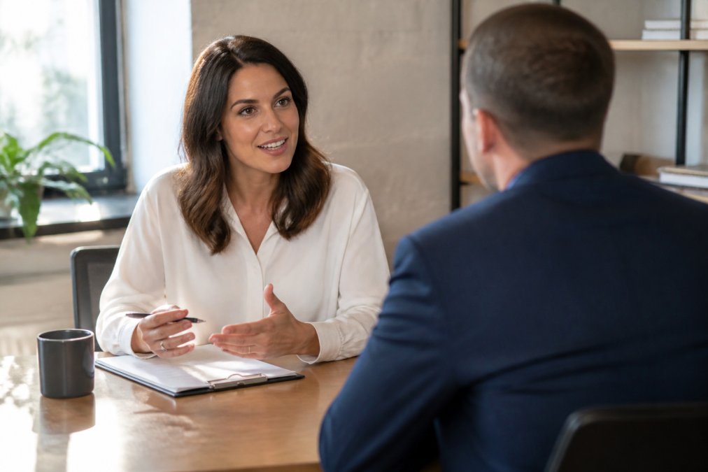 Professional HR manager conducting a one-on-one personality assessment interview with a job candidate in a bright, modern office setting with natural window lighting and both parties engaged in attentive conversation