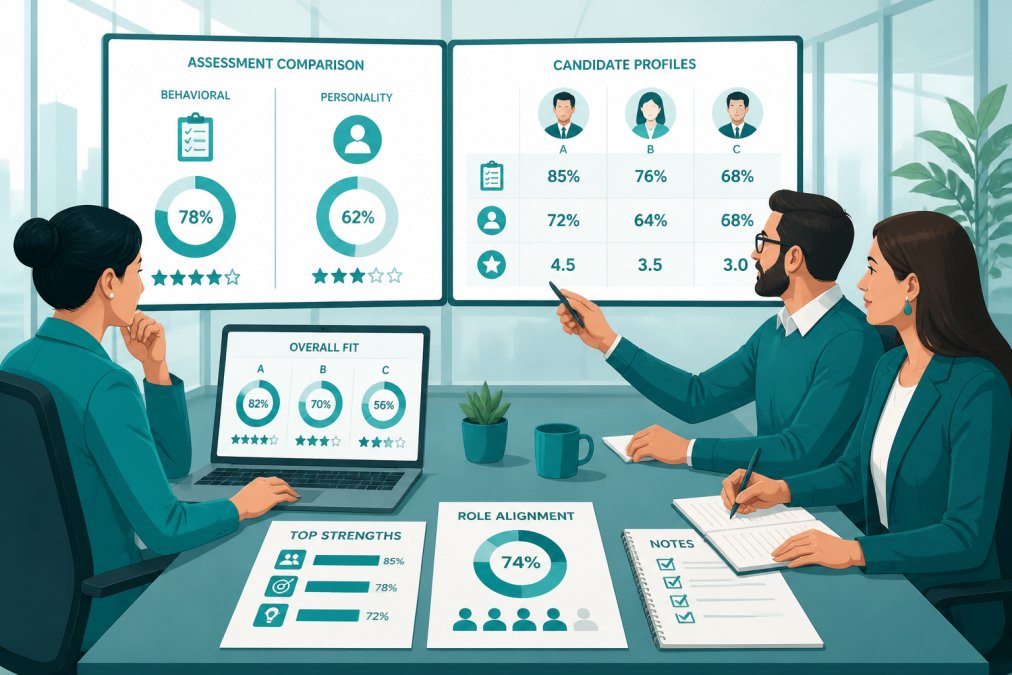 Corporate HR team of three professionals reviewing assessment data and candidate profiles on multiple computer screens in a modern glass-walled conference room with natural sunlight, collaborating on hiring decisions with visible notes and documents on the table