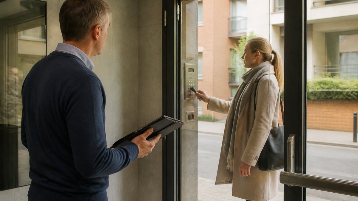 Een beheerder van een appartementsgebouw in Antwerpen bekijkt op een tablet het toegangsbeheer in de inkomhal, terwijl een bewoner een digitale sleutel gebruikt bij de voordeur, natuurlijk licht door het glas
