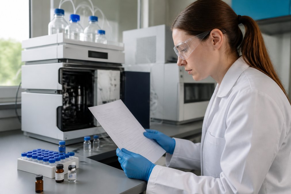 Onderzoeker die voorzichtig een analysecertificaat bestudeert naast HPLC-apparatuur in een modern laboratorium met schoon werkblad en testmonsters