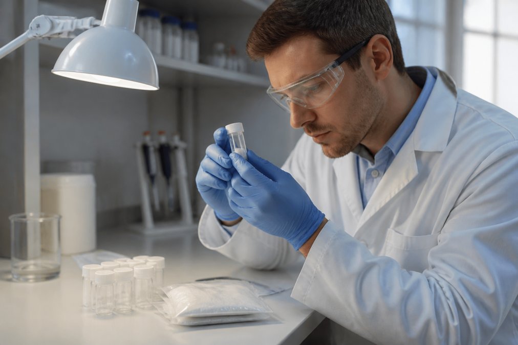 Onderzoeker die voorzichtig een peptidebakje inspecteert met batchnummer-etiket onder helder laboratoriumlicht, met testmonsters in de buurt