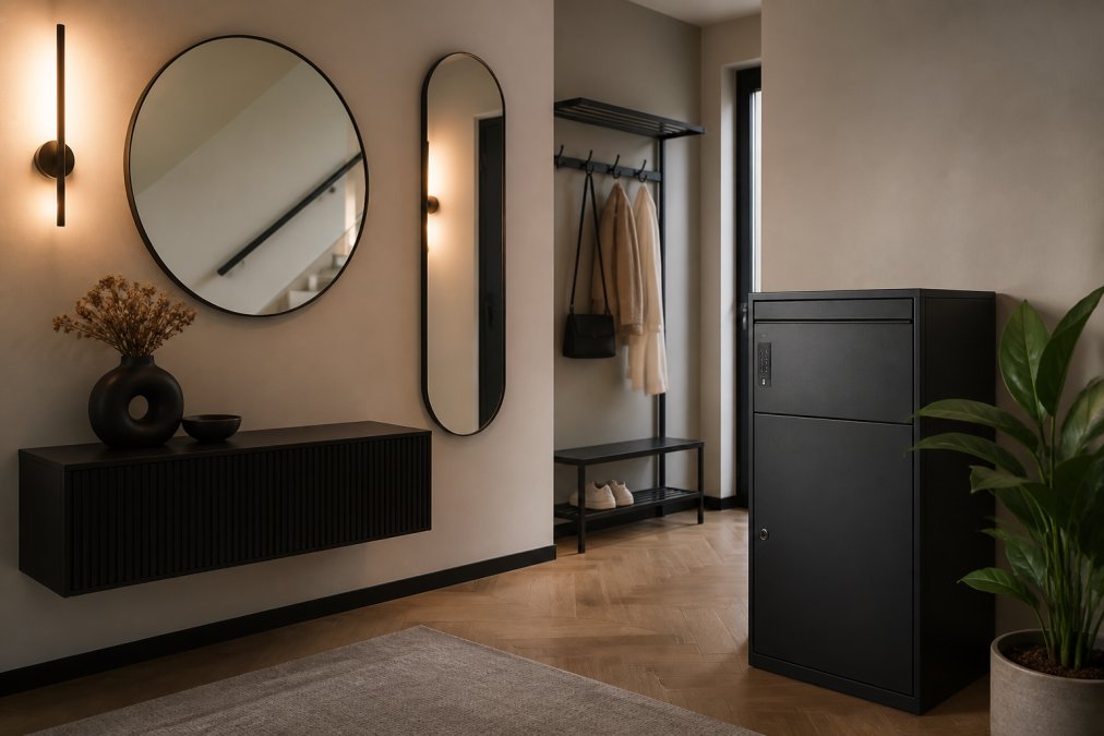 Elegant ingerichte entreehal met zachte wandverlichting, moderne spiegels aan de muur, stijlvolle kapstok in zwart metaal, en een luxe pakketbrievenbus als centraal designelement