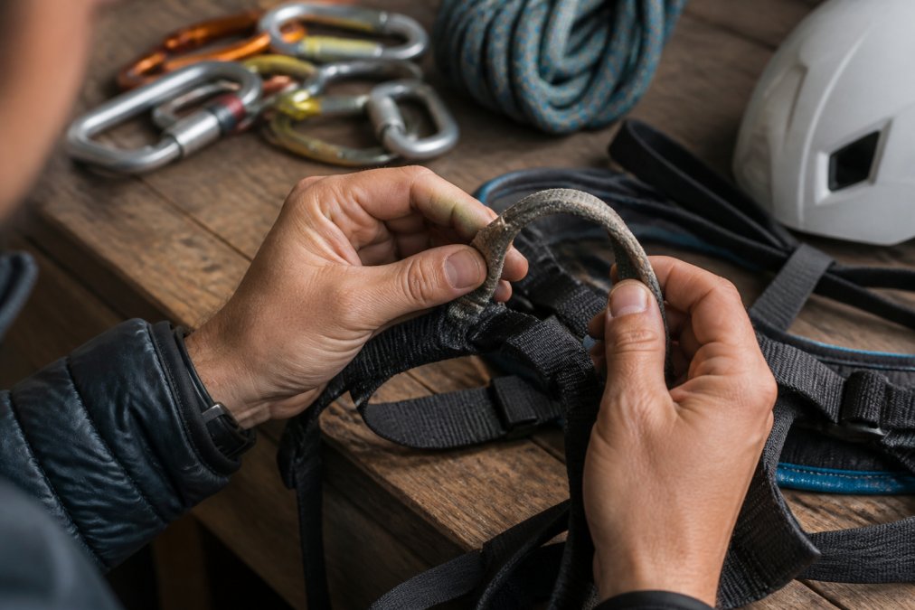 Close-up of a climber's hands examining a harness belay loop under natural light, checking for fraying, discoloration, and abrasion marks on the nylon webbing