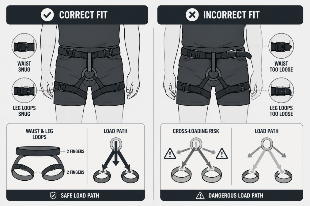 Side-by-side comparison showing correct harness fit on a climber's waist and leg loops versus an improperly fitted harness demonstrating cross-loading risks