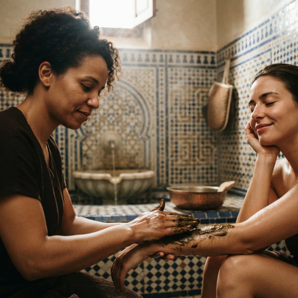 Close-up of hands applying thick, dark Beldi black soap paste to damp skin in a warm, softly lit bathroom, with a traditional hammam bowl and mitt nearby