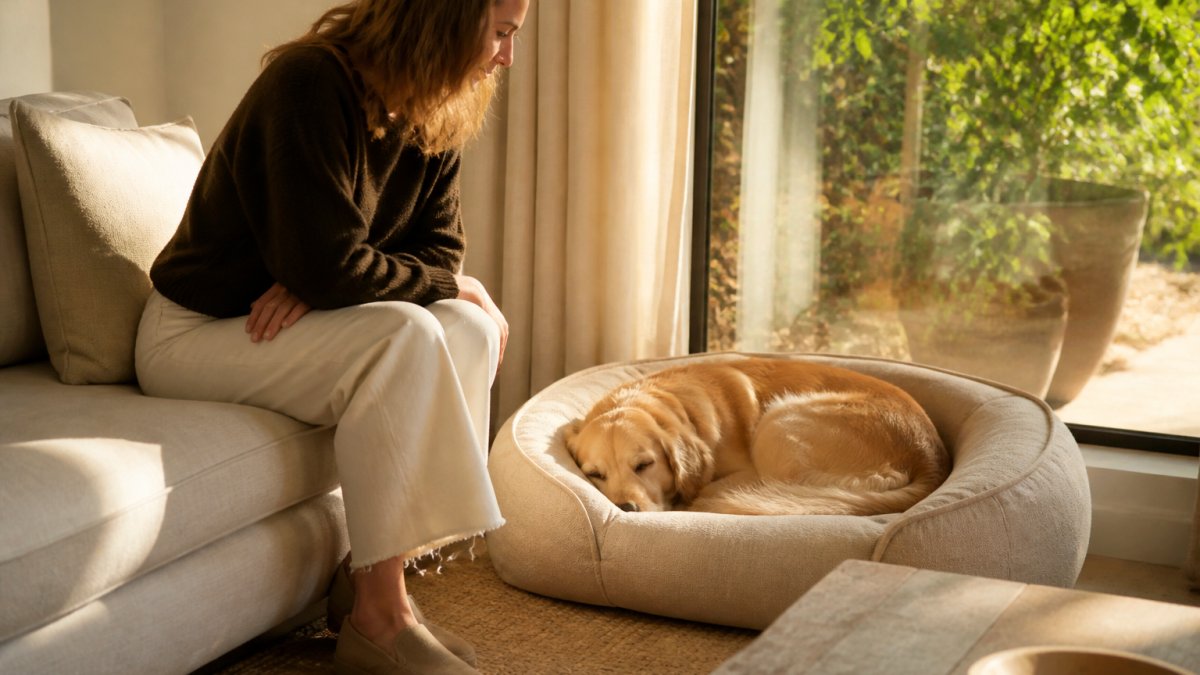 A sculptural bolster dog bed with pinched-edge trim sitting in a bright living room beside a linen sofa and a large window, a golden retriever curled inside