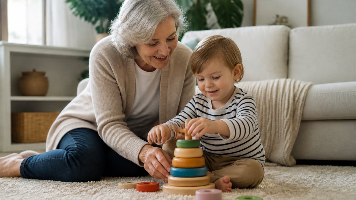 A grandparent and a young grandchild sitting on a living room rug, playing together with a wooden stacking toy, warm natural light, soft neutral home setting