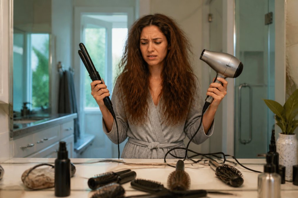 A woman with wavy, frizz-prone hair holding a styling tool in one hand and a separate blow dryer in the other, standing at a bathroom vanity cluttered with multiple hair tools, looking frustrated as she gets ready in the morning