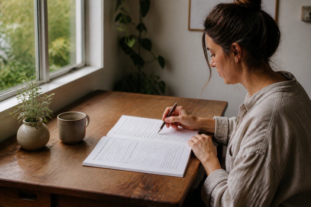 A person sitting alone at a wooden desk with a printed workbook and pen, natural light from a nearby window, no digital devices in view