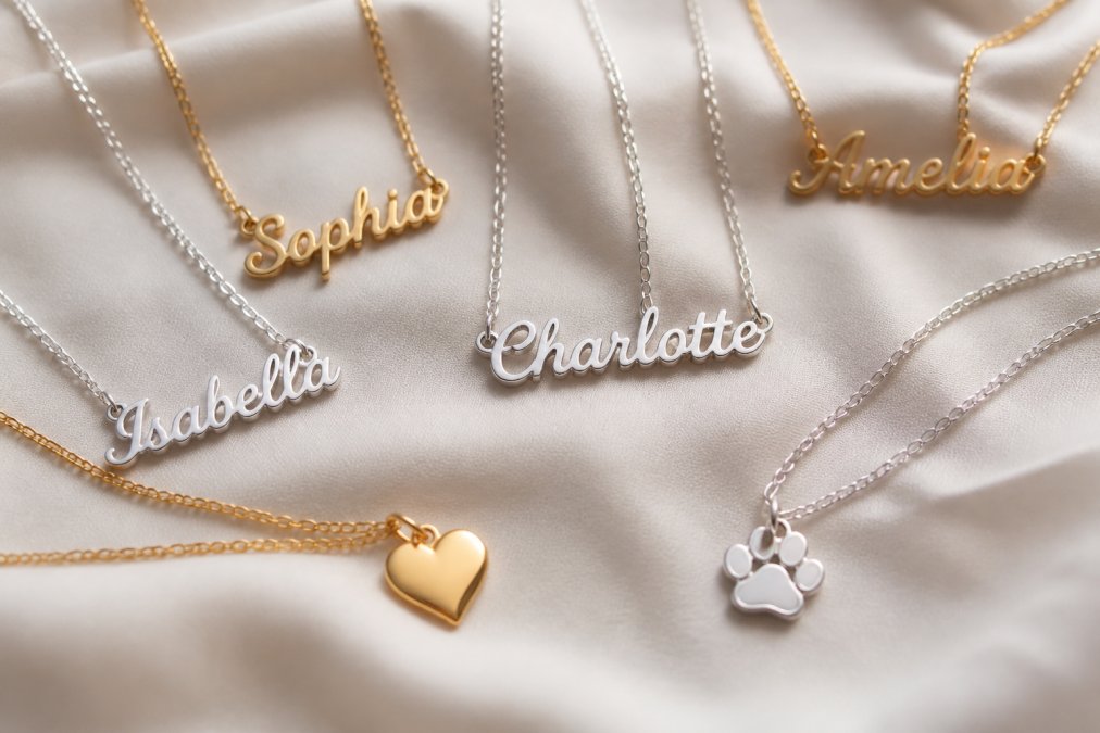 Close-up of several personalized name necklaces in gold and silver finishes arranged on a soft neutral fabric, with a heart pendant and a paw print pendant visible