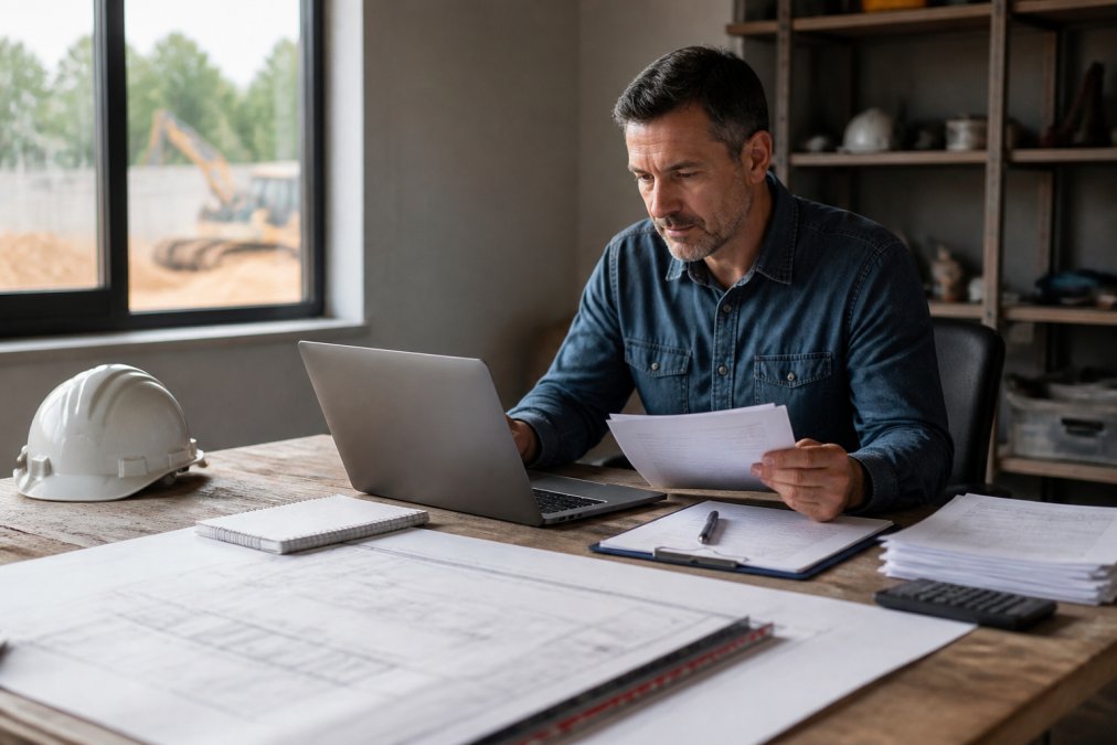 Construction business owner reviewing financial reports and bench alternatives construction data on a laptop.