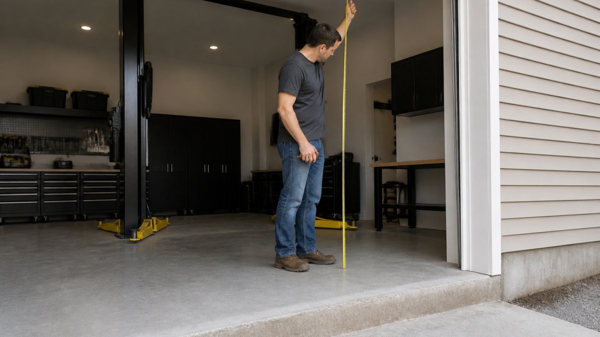 A home mechanic measuring ceiling height with a tape measure in a residential garage, a two-post lift column visible in the background, concrete floor with visible slab edge