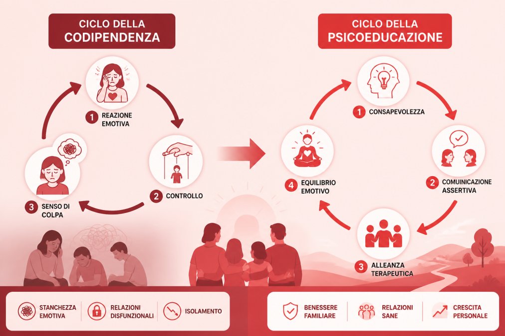 Diagramma che confronta il ciclo della codipendenza con i benefici della psicoeducazione genitori.