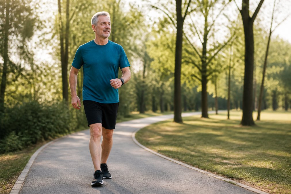 A person in their fifties walking briskly on a park path in soft morning light, wearing comfortable sportswear, knees and posture relaxed and natural