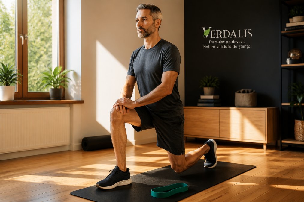 Bărbat de 40 de ani făcând exerciții pentru articulații și colagen tip 2 acasă