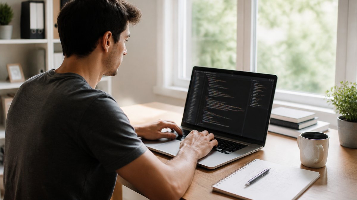 Persona joven trabajando en un portátil con código en pantalla en un escritorio luminoso y ordenado, con un cuaderno de notas y una taza de café al lado