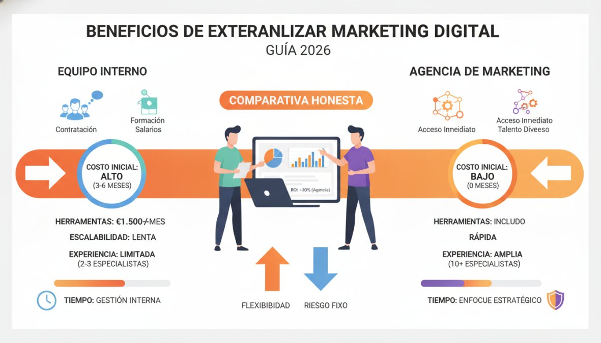 Dos profesionales en una oficina moderna revisando un documento de estrategia juntos, uno señalando una pantalla de portátil con paneles de análisis de marketing, luz natural entrando por ventanales amplios