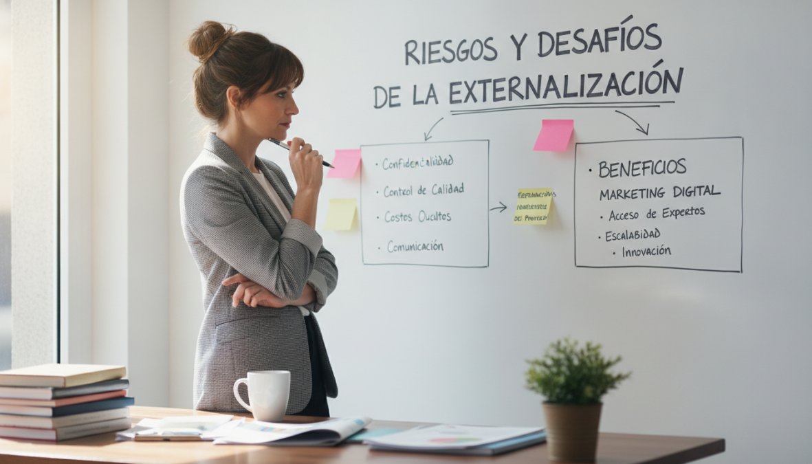 Un gerente de empresa mirando pensativamente una pizarra con notas adhesivas de colores y esquemas de planificación, en una sala de reuniones con luz cálida, expresión de análisis y evaluación cuidadosa