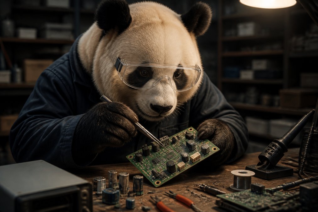 Un oso panda con gafas de protección sosteniendo una placa electrónica de aire acondicionado con unas pinzas de precisión sobre una mesa de trabajo iluminada, con componentes electrónicos y herramientas alrededor
