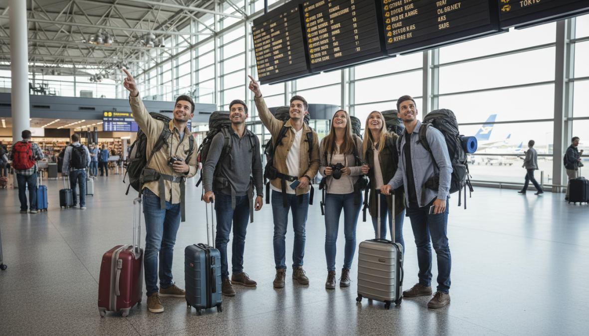 Beneficios de los viajes multidestino organizados: guía completa 3 Grupo de jóvenes viajeros con mochilas y maletas de colores en la sala de salidas de un aeropuerto internacional, sonriendo y señalando el tablón de vuelos bajo una iluminación brillante y moderna
