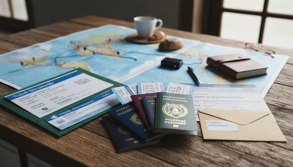 Primer plano de unas manos ordenando pasaportes de distintos colores, tarjetas de embarque impresas, una póliza de seguro y un mapa [del mundo](/los-mejores-safaris-del-mundo/) extendido sobre una mesa de madera clara con luz natural lateral