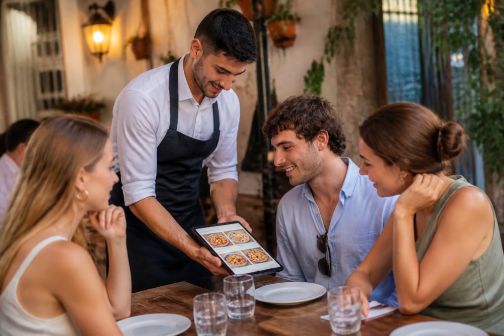 Un camarero mostrando a turistas internacionales un menú digital en tablet con fotos de platos coloridas y opciones multilingües claramente visibles, en ambiente cálido de restaurante