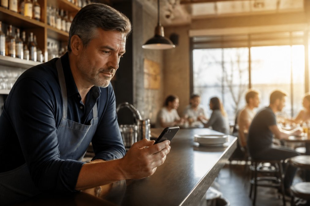 Un dueño de restaurante de mediana edad revisando y actualizando el menú digital desde su smartphone apoyado en la barra del local, con clientes comiendo desenfocados al fondo y luz cálida de tarde entrando por la ventana
