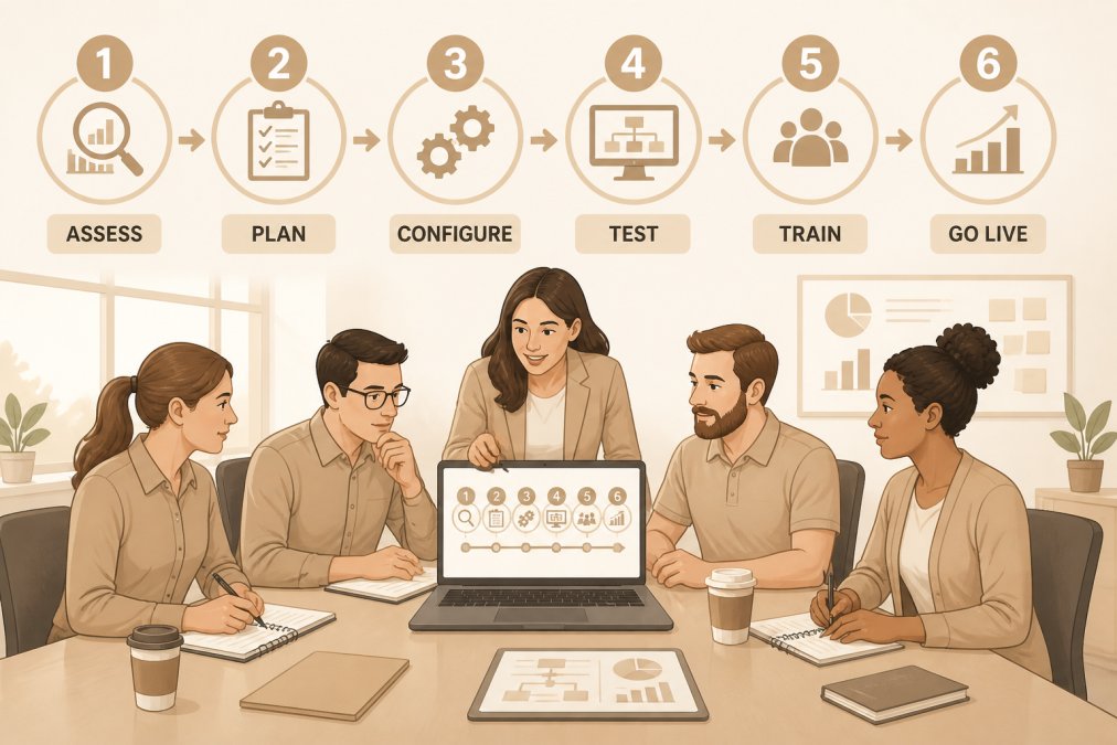 Team of office staff gathered in training session around laptop at conference table, reviewing workflow processes on screen, taking notes, and discussing implementation steps in bright office environment