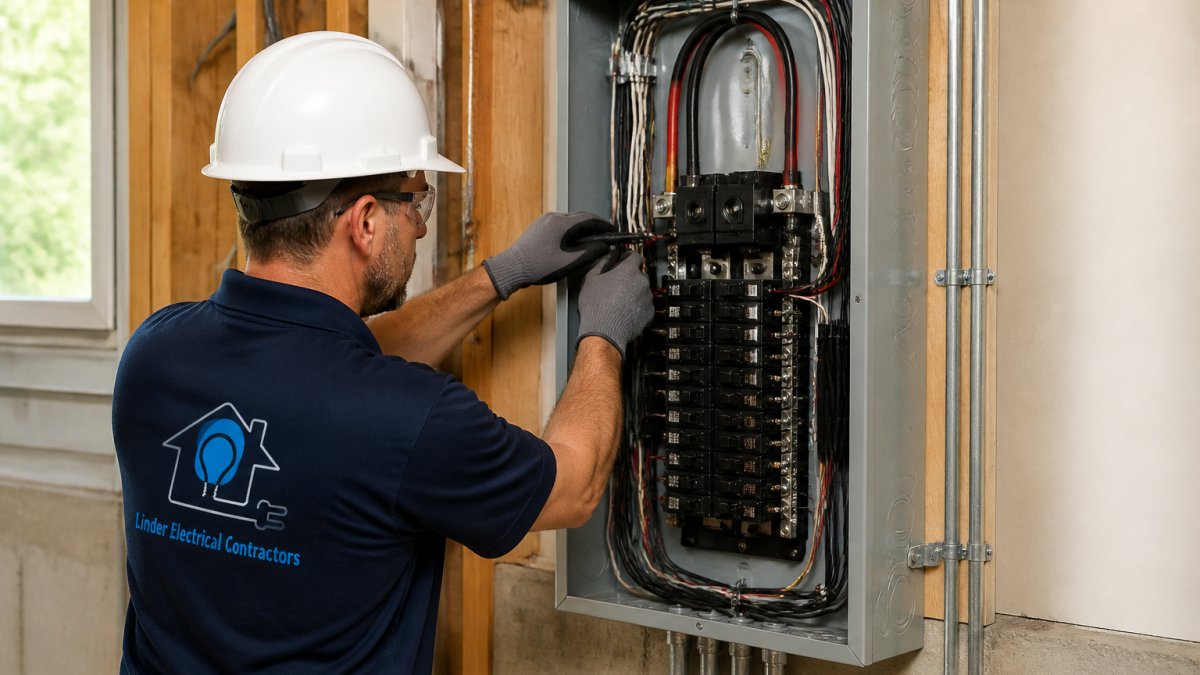 Professional electrician working on electrical panel installation, showing the service entrance, main breaker connections, and circuit breaker arrangement in a residential home with careful attention to safety protocols