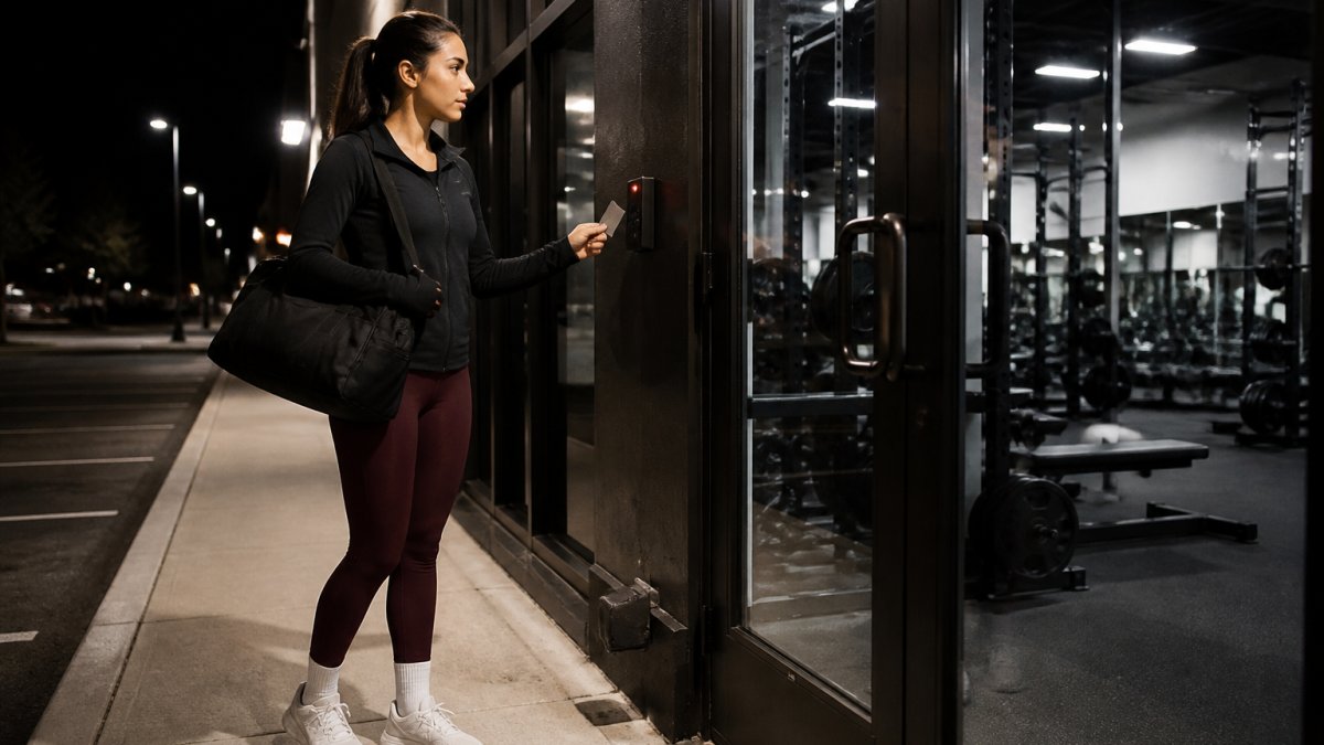 A person in athletic wear walking into a well-lit gym entrance at night, holding a keycard, with a calm and focused expression