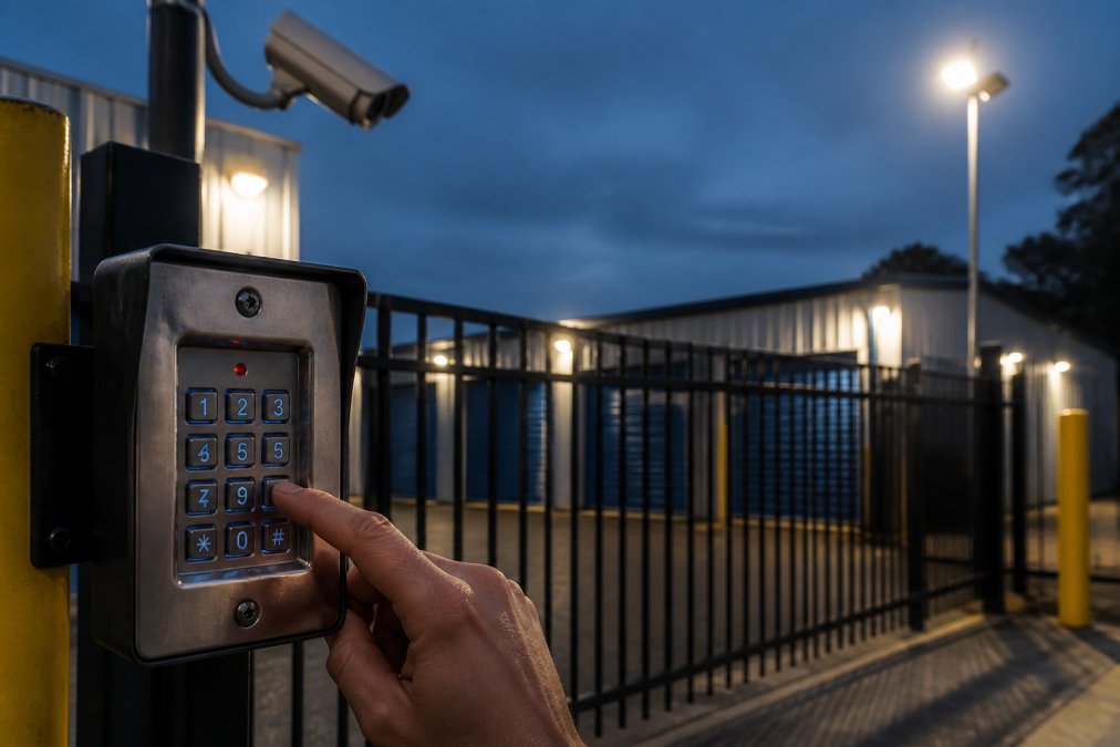 Close-up of electronic keypad entry system with illuminated buttons, security camera mounted above the gate, and motion-activated LED lighting activating in the background during dusk, demonstrating integrated access control and surveillance