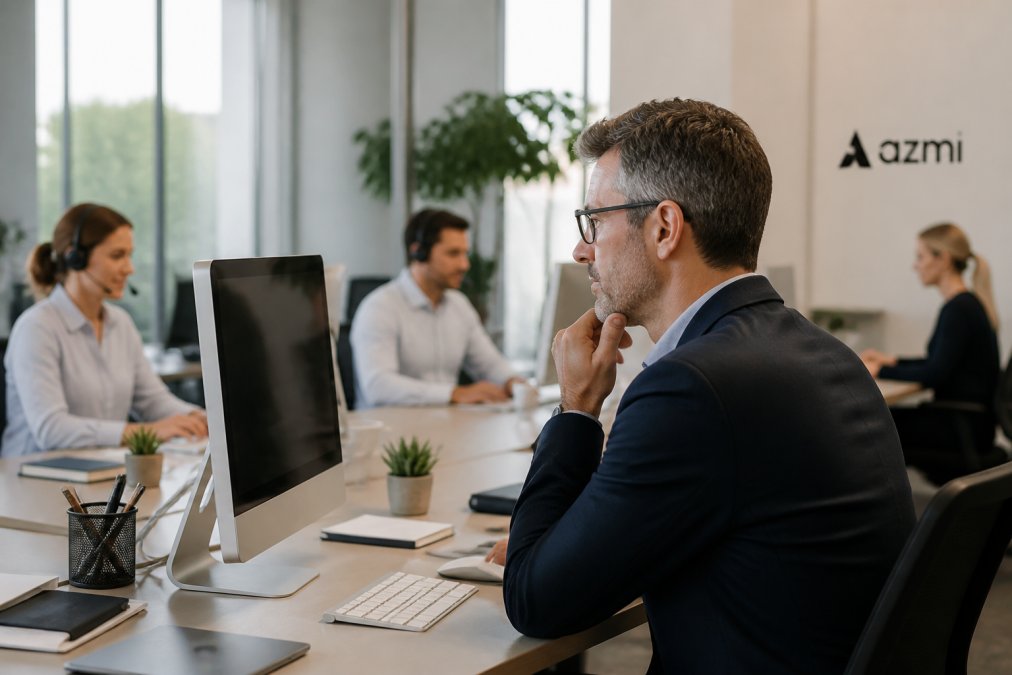 A customer service manager reviewing live chat analytics on a desktop monitor in a modern open-plan office, with colleagues working in the background