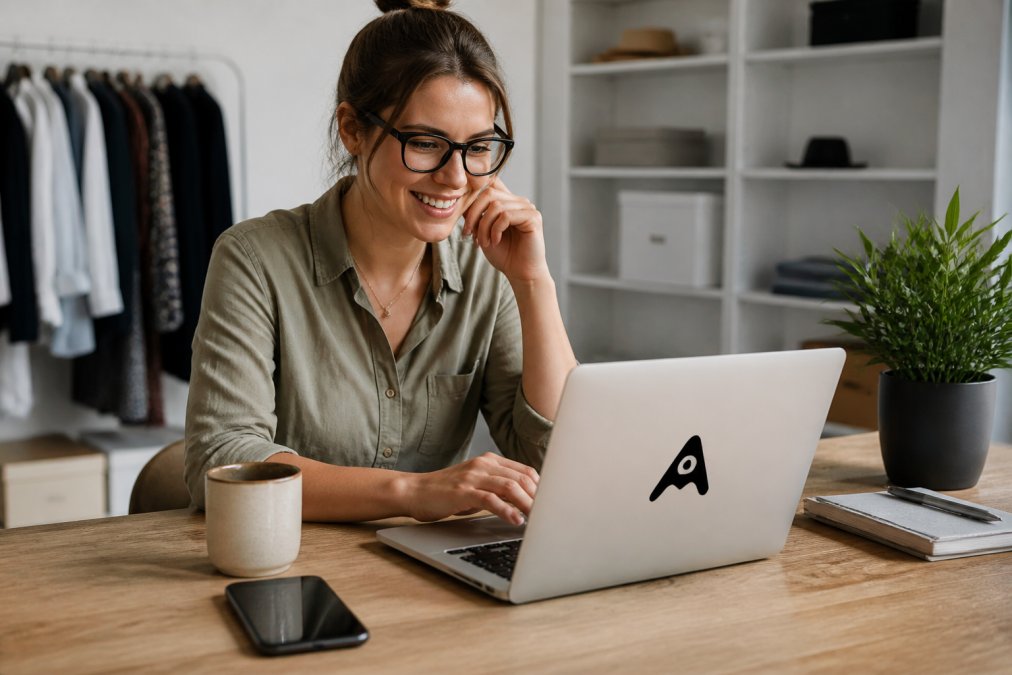 A small business owner at a desk reviewing booking confirmations on a laptop, with a smartphone showing chat notifications beside a coffee cup