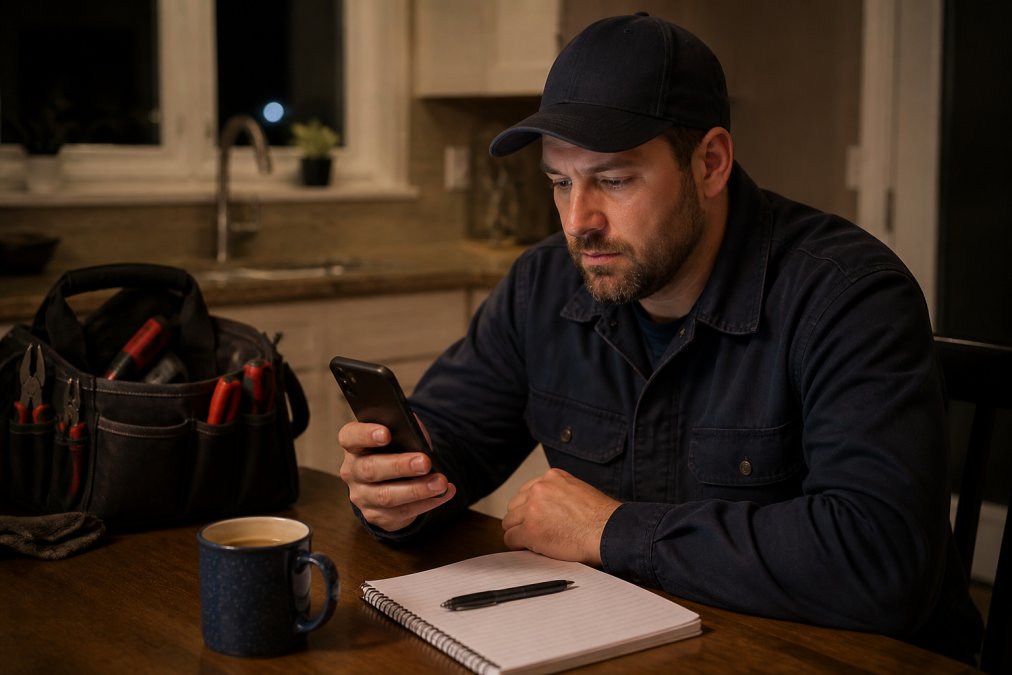 A contractor in a work uniform sitting at a kitchen table at night, looking at a smartphone showing an incoming call notification, with a notepad and coffee mug nearby