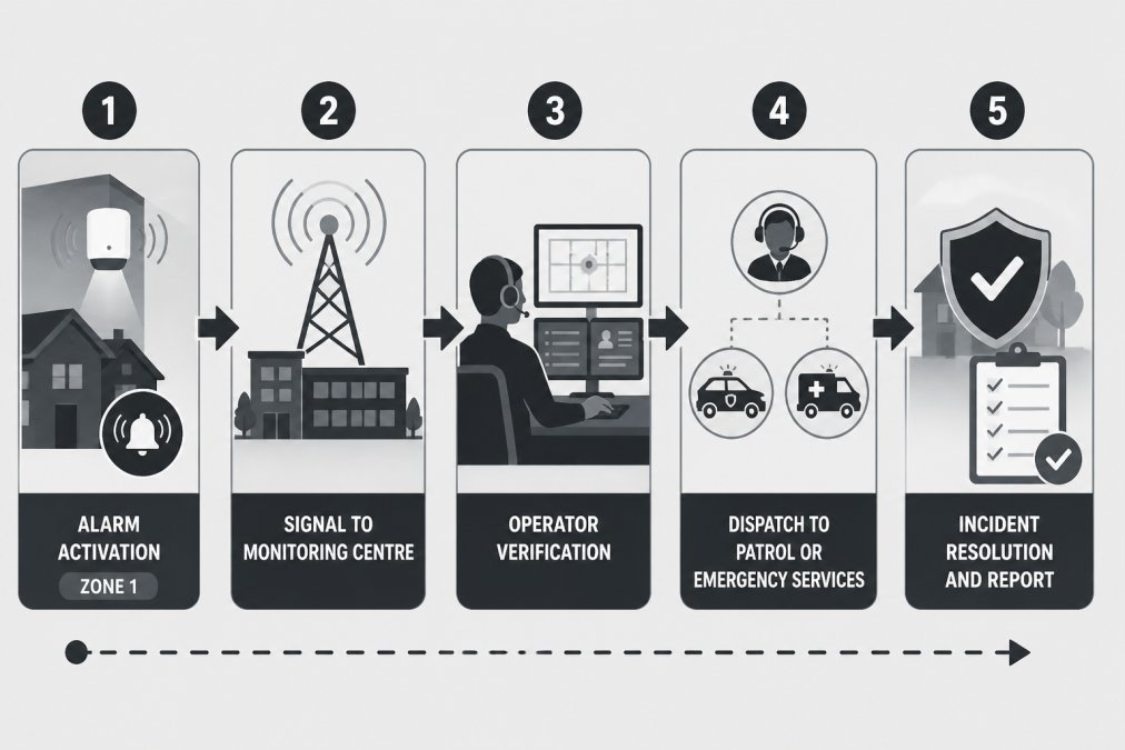 Flowchart showing the alert sequence: alarm activation at zone 1 → signal to monitoring centre → operator verification → dispatch to patrol or emergency services → incident resolution and report