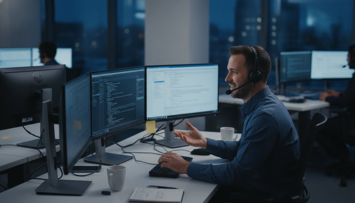 A focused IT support technician wearing a headset working at a multi-monitor desk in a modern, well-lit help desk operations room at night, with incident management dashboards visible on screens, conveying round-the-clock availability