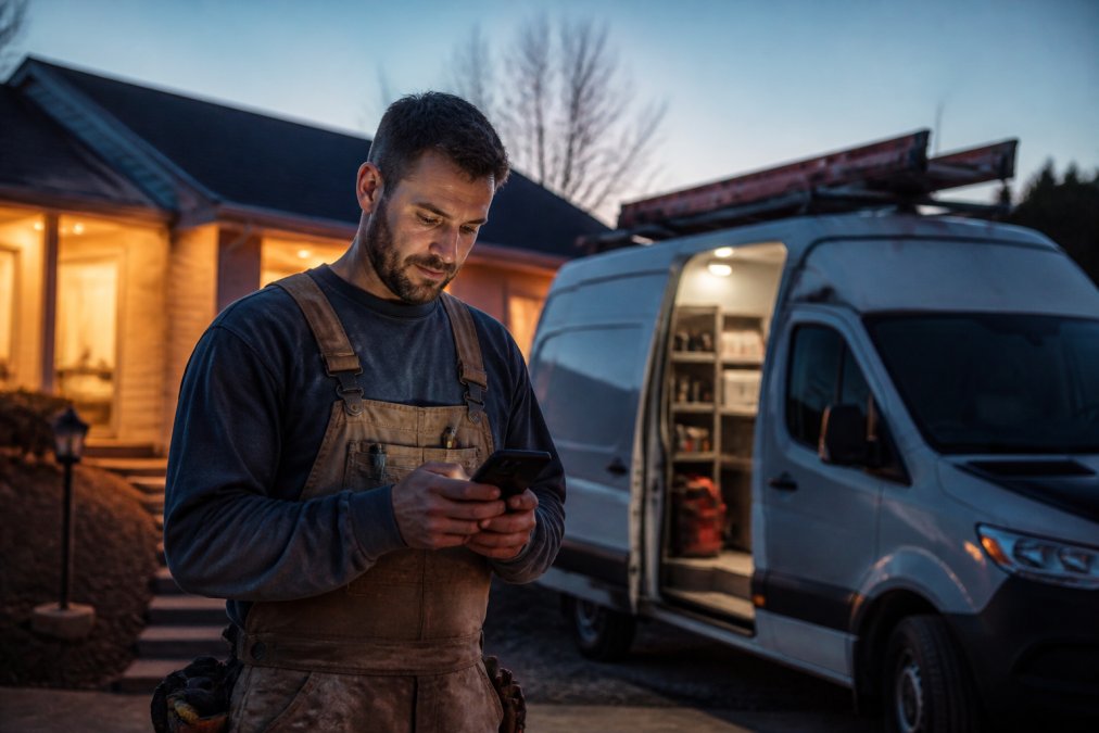 Tradesperson checking their smartphone for 24/7 lead capture while standing by a service van at dusk