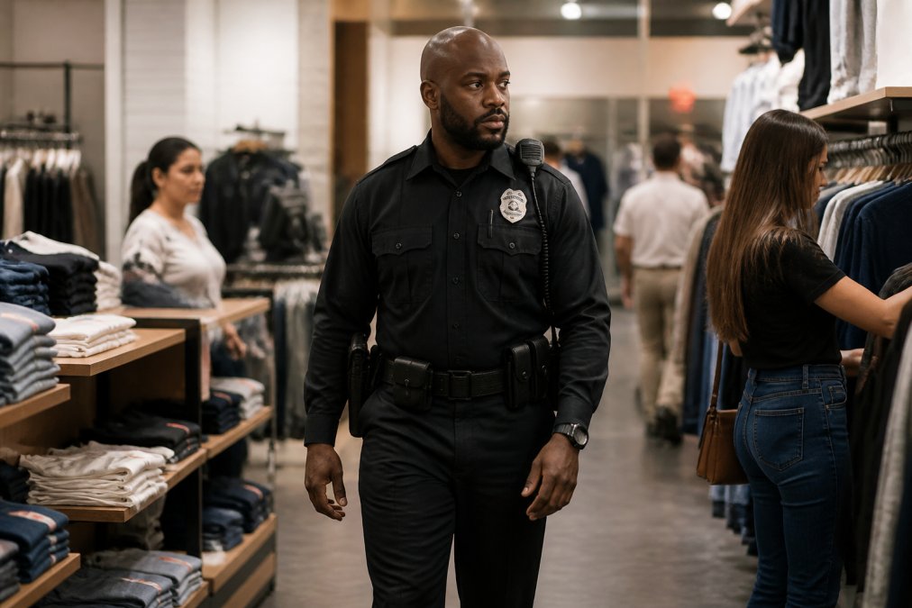 Security guard patrolling a retail aisle to provide 24/7 security for shoppers and merchandise.