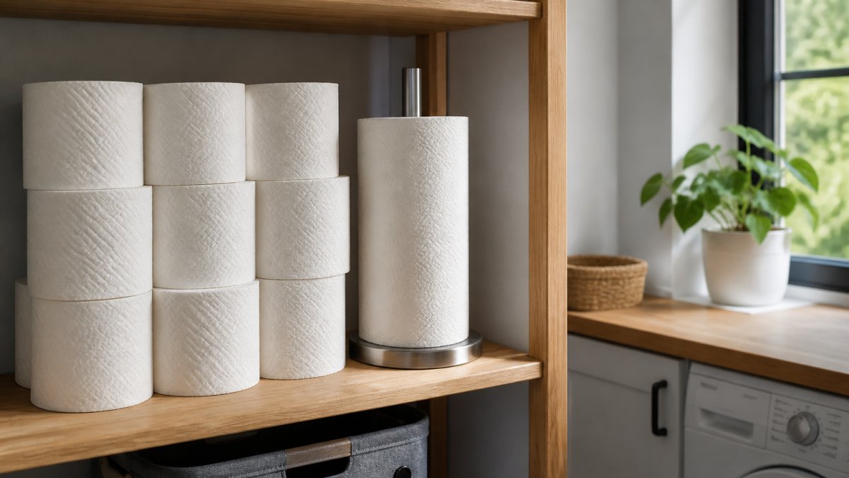 A bright, tidy utility room with neat stacks of white quilted toilet rolls on a shelf and a kitchen towel roll beside them, natural daylight from a side window