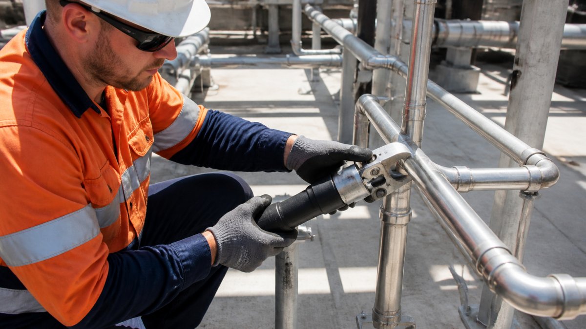 Plumber using a handheld press tool to connect stainless steel pipes on a commercial job site