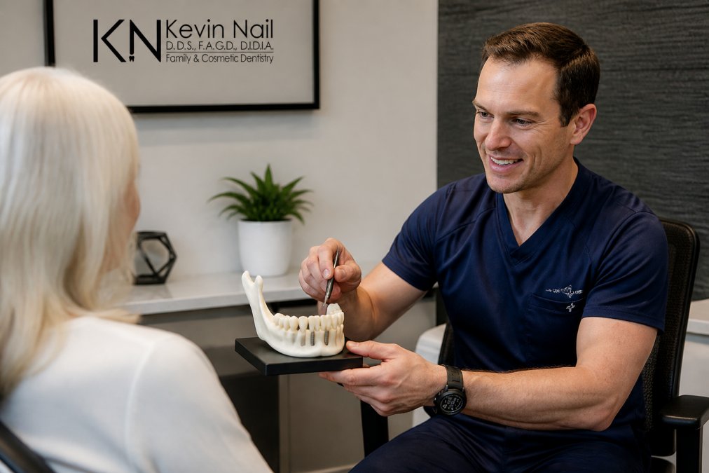 A dentist in a modern office pointing to a detailed 3D model of a patient's jaw and teeth displayed on a large monitor, explaining the treatment plan while the patient watches attentively