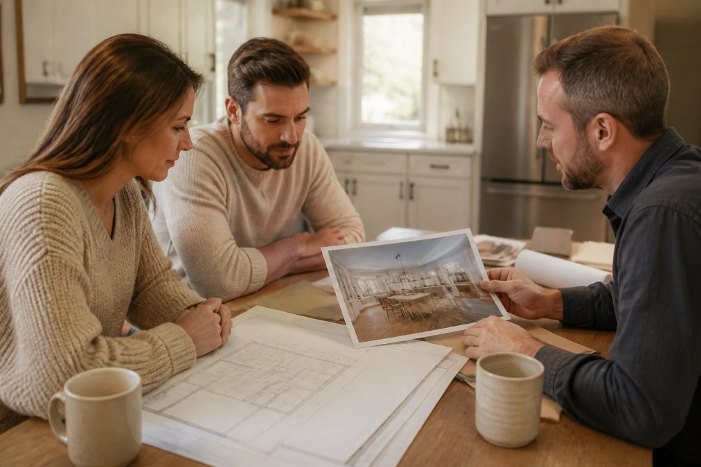 Couple and contractor reviewing a 3D home design rendering on a tablet during a kitchen renovation planning meeting