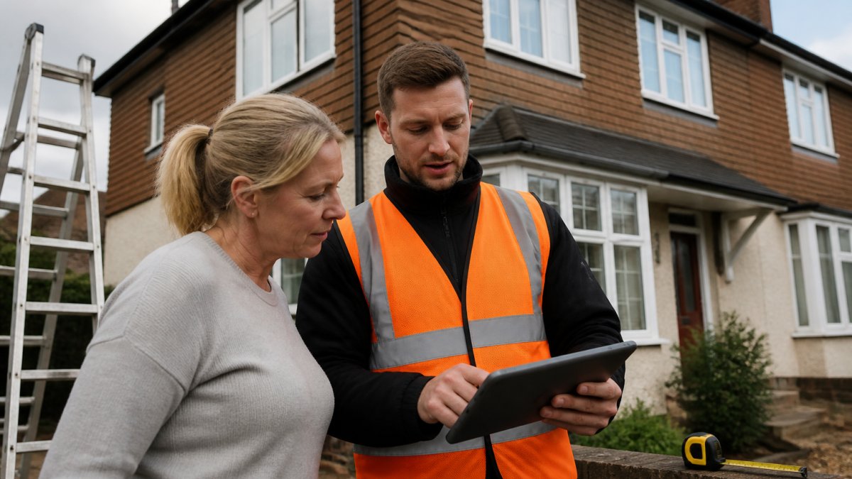 A homeowner and a scaffolding surveyor reviewing a 3D scaffold model on a tablet in front of a two-storey house with a pitched roof, ladder and measuring tape visible nearby