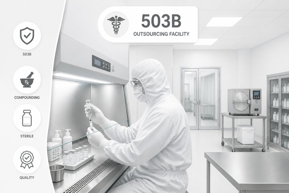 Sterile compounding pharmacy technician in full protective gear, gown, gloves, mask, and hood, preparing medications at a laminar flow hood in a clean room with bright overhead lighting and stainless steel equipment