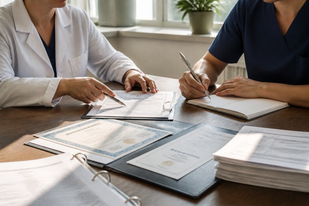 Healthcare professionals in a medical office reviewing regulatory documentation and FDA certificates on a desk, with one person pointing to specific compliance details on a document while another takes notes, natural window lighting